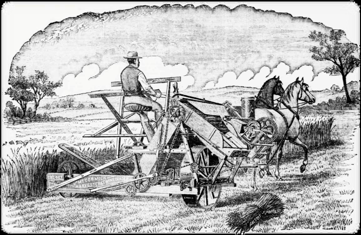 Horse-drawn harvesting machine engraving