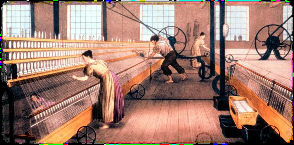 Factory interior with women at textile looms