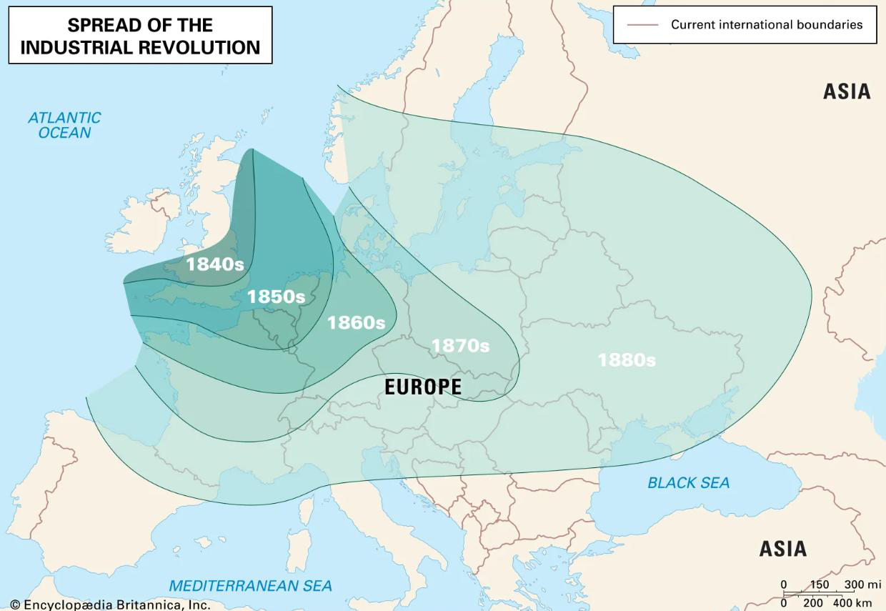 Map: Spread of the Industrial Revolution across Europe