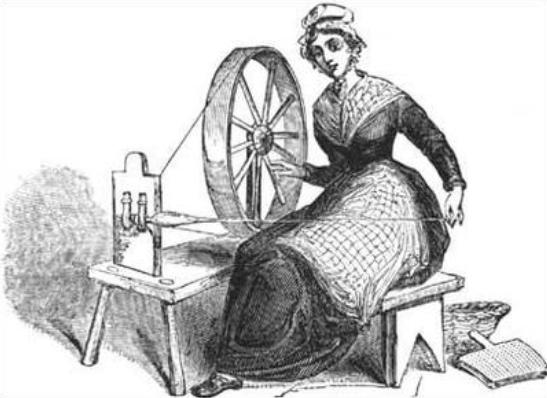 Woman with spinning wheel engraving